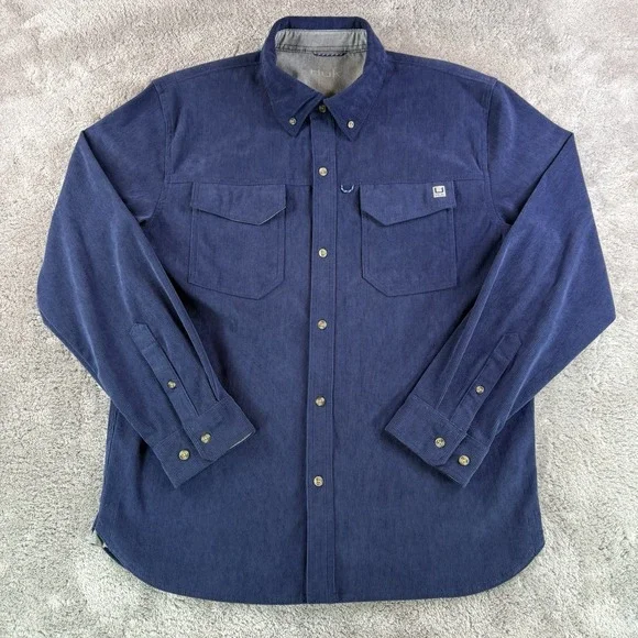 Huk Fishing Men's Hawser Corduroy Button Down Shirt Medium Navy Blue Long Sleeve - Picture 4 of 7